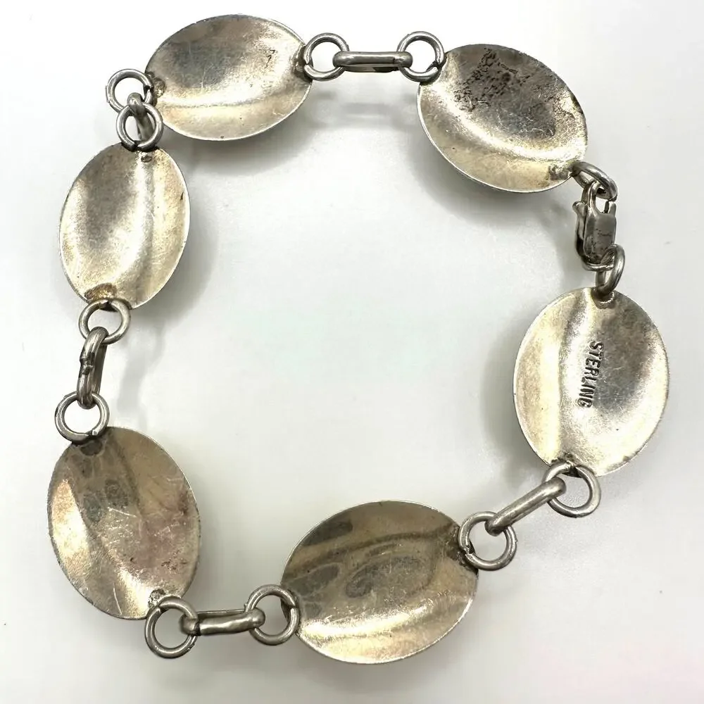 Vintage 925 sterling silver 6 genuine green malachite cabochons bracelet 8